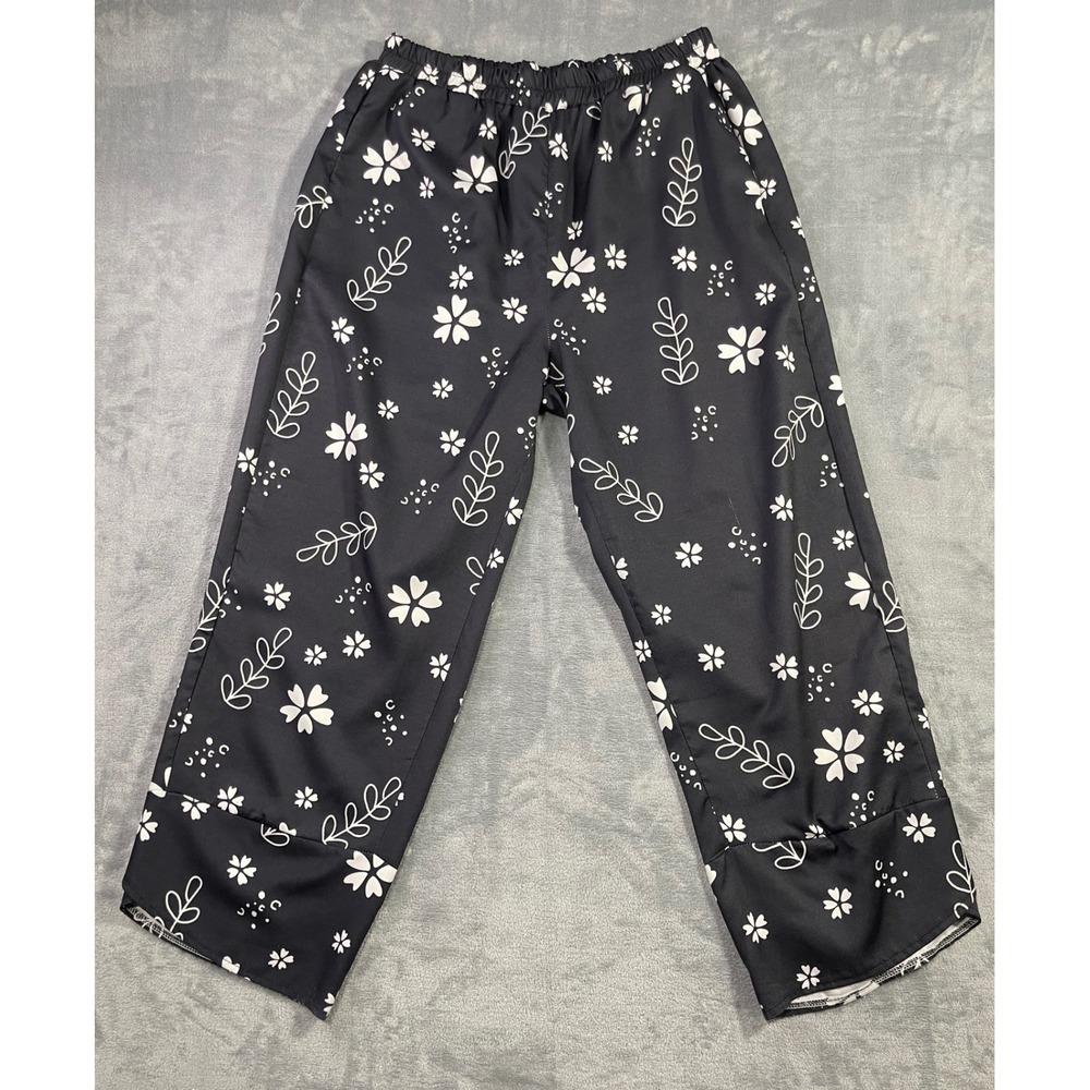 Misslook Black White Floral Wide Leg Pants XXL Elastic Waist High Rise Cropped